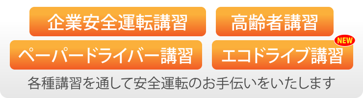 企業安全運転講習、高齢者講習、ペーパードライバー講習エコドライブ講習など、各種講習を通して安全運転のお手伝いをいたします